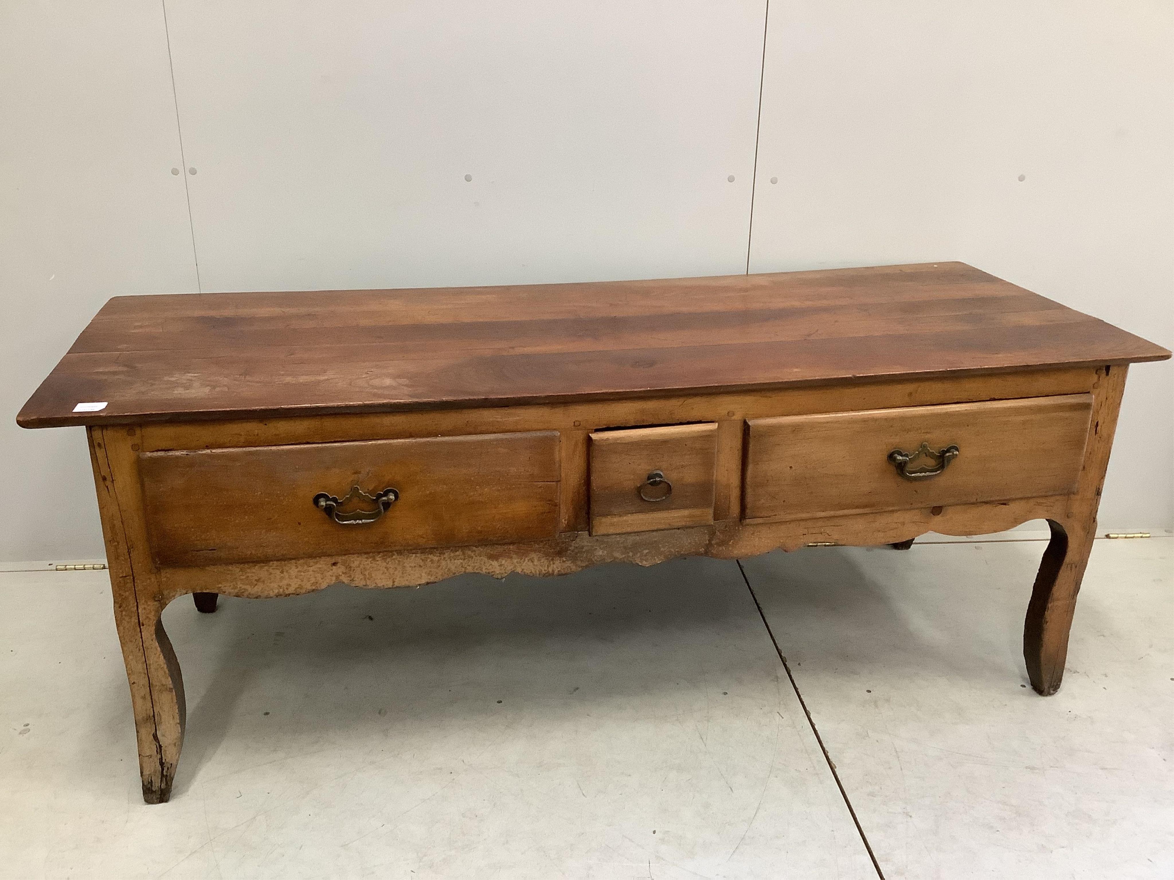 A 19th century French three drawer serving table, width 181cm, depth 70cm, height 70cm. Condition - poor to fair